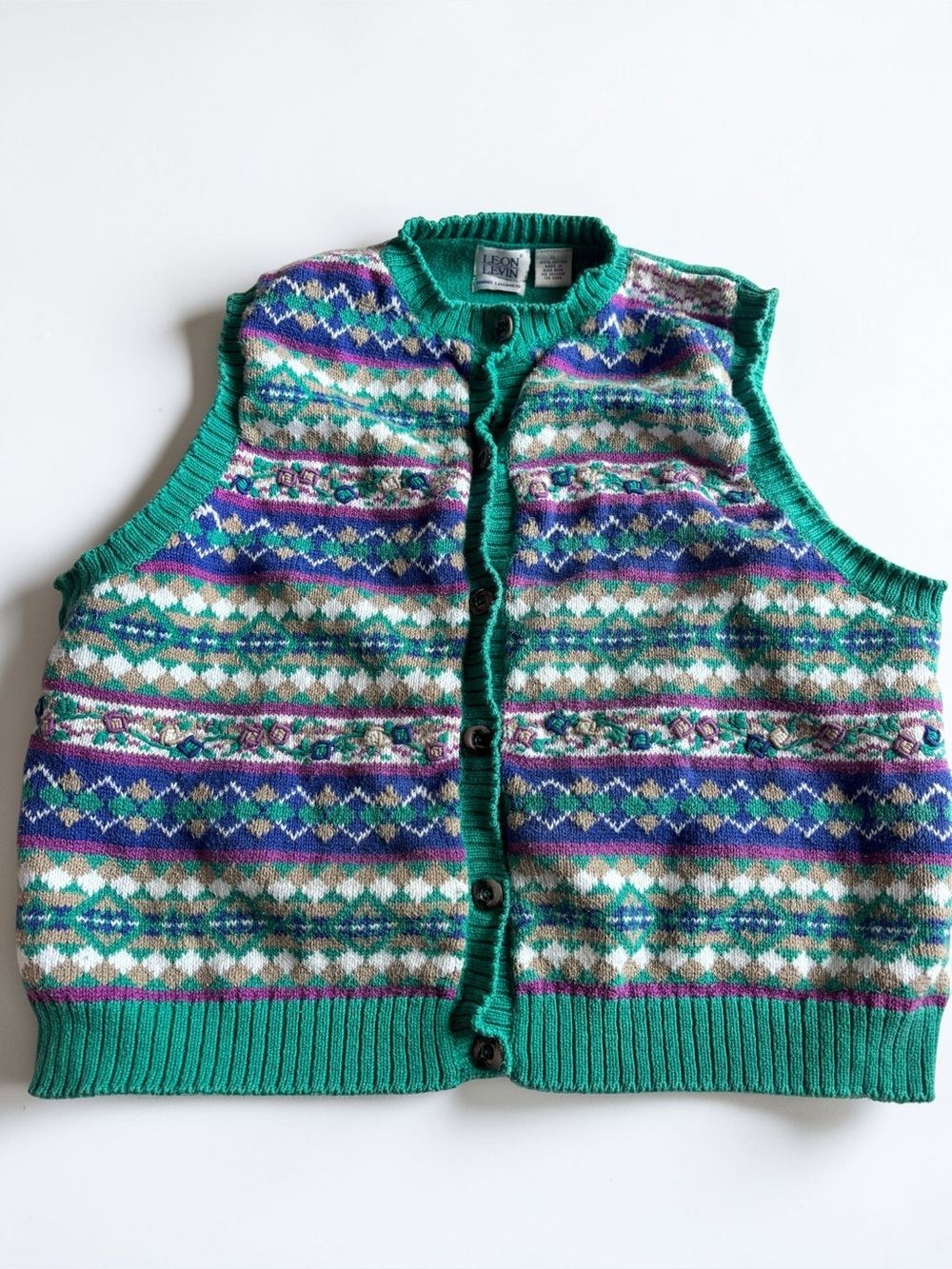 Vintage Leon Levin Fair Isle Sweater Vest XL Cotton Hong Kong